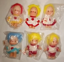 Goldblatt's 6 Rubber Doll Ornaments 4.5" Girls/Boys Mop Hair Clothes Price Tags