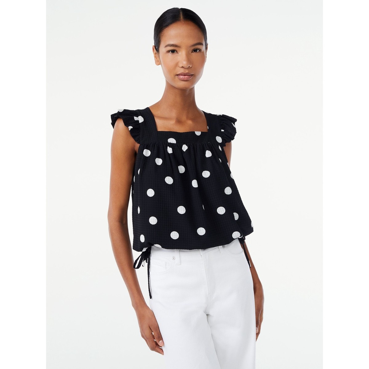Scoop Women Size S White Polka Dot Flutter Sleeve Top with