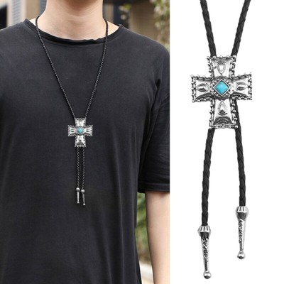 Woven Leather Rope Bolo Tie with Crosses Stone Pendant for Western Themed Event