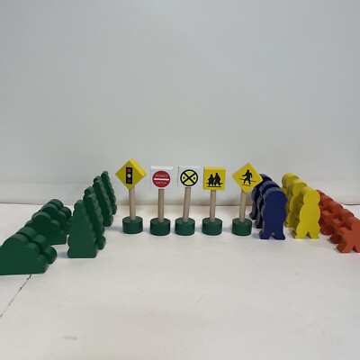Mixed Lot Of 24 Train Track Accessories Trees Wooden People Signs