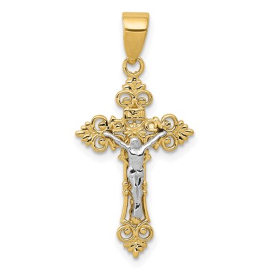 14k Gelbgold bicolor kleiner Spitzenrand Inri Kruzifix Anhänger Geschenk für Mutter