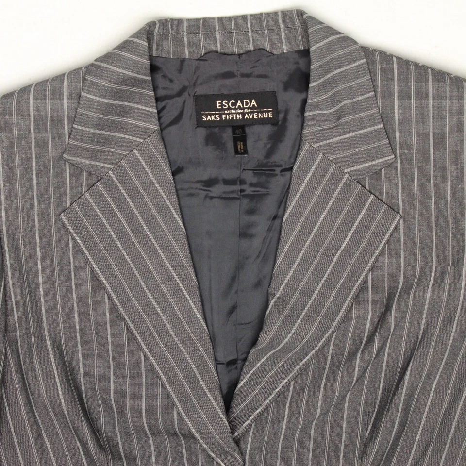 Traje Mujer Escada 10 Gris Blanco Rayas Lana Seda Mezcla Elastizada Chaqueta Pantalones 40 Foto 4 de 4