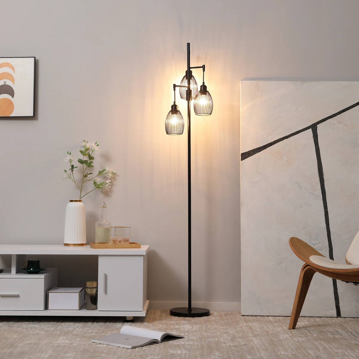 3 Light Floor Lamp Industrial Standing Light w Steel Lampshades