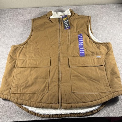 Lee Workwear Canvas Vest Mens 2XL Brown Sherpa Lined Insulated Full Zip Pockets