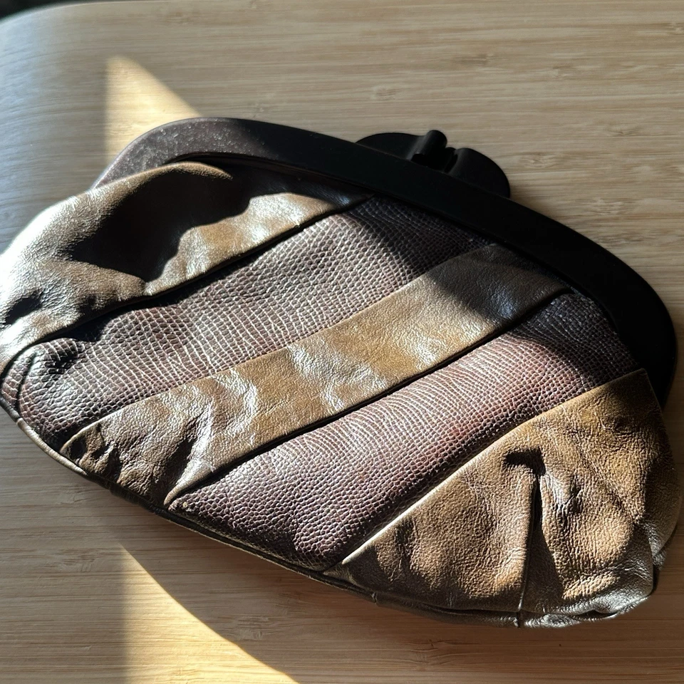 Vintage Leather Clutch Roger Gimbel Accessories Purse Bag Brown Snakeskin - Image 4 of 4