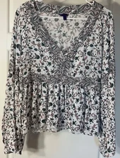 Aeropostale Floral V Neck Long Bell Sleeve Cropped Peplum Top Blouse L