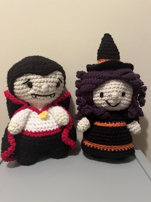 Handmade Crochet Halloween Witch & Vampire Plush Stuffed Dolls 2-Piece Set