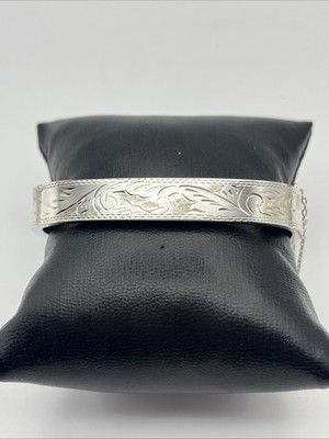 SS 925 Art Deco Style Hinged Bangle Bracelet Diamond Cut/Intricate Etching