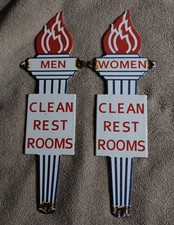 2-VINTAGE 1950's STANDARD Oil PORCELAIN RESTROOM SIGNS MEN&WOMEN - 12"X4"