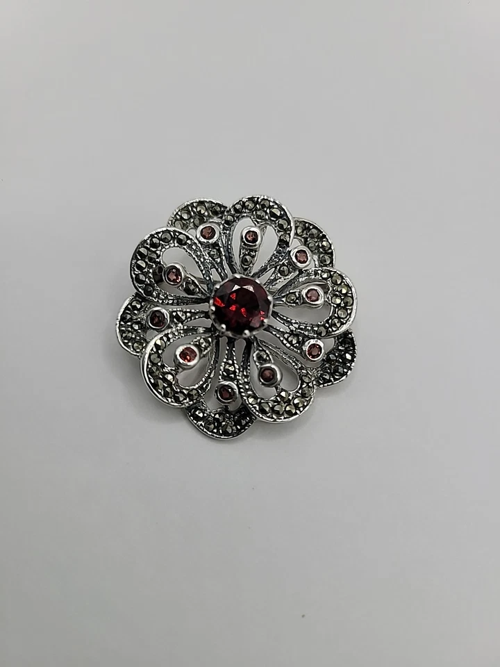 Broche Pin Colgante Vintage Plata de Ley 925 Marcasita Rojo Púrpura Cristales Foto 2 de 4