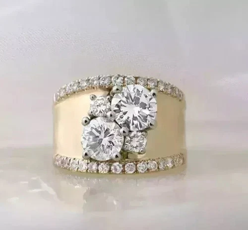 1.50Ct Round Real Moissanite Thick Wide Wedding Band Ring 14k Yellow Gold Plated