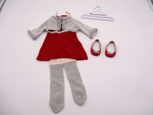 American Girl Red Ruby & Ribbon Dress Outfit Cardigan Tights Shoes Dress Headban