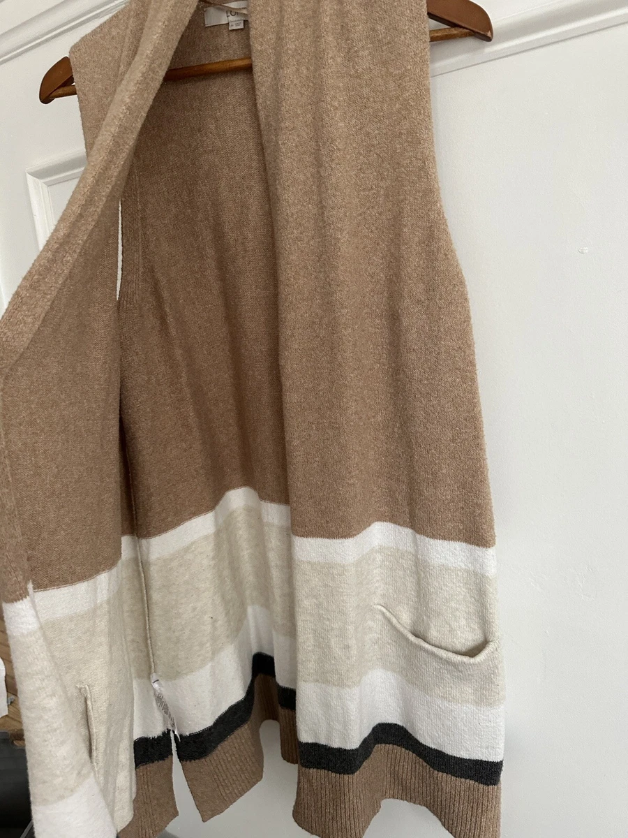 LOFT Striped Sleeveless Long Open Knit Cardigan Sweater Vest Duster M Tan Cream