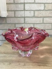 Beautiful Bohemia Art Glass Cranberry To Clear Ruffled Edge 1414, Bowl 10" wide