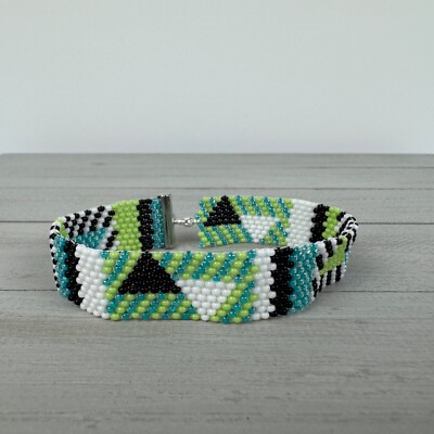 Handmade Beaded Bracelet - Geometric Black White Teal Green Pattern with Clasp