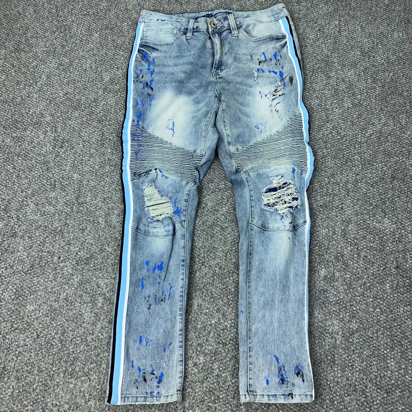 Jean homme Rue 21 32x32 bleu vieilli suprême flex skinny peinture éclaboussures