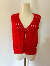 Vintage 1970s Retro Bright Cherry Red Sweater Vest Tie Front Handmade Knit SM