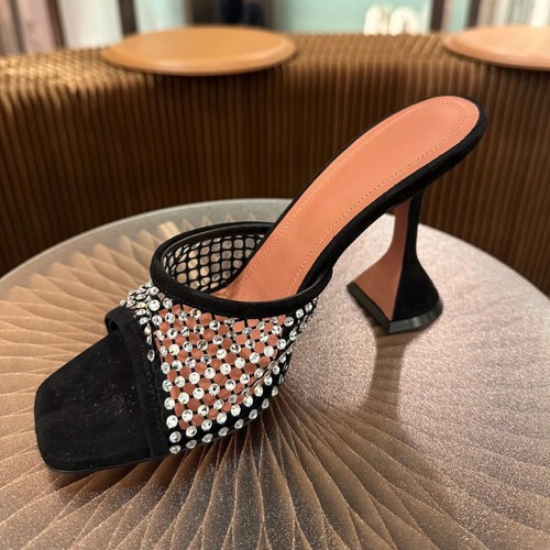 Amina Muaddi Crystal Mesh High Heel Sandals Hollow Mesh Square Head Muller Shoes - Picture 2 of 19