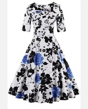 Women Elegant Vintage New mid-Sleeve Print Retro Swing Dress Casual Party  S