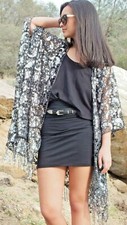Black Silver Paisley Embroidered Sequin Kimono Duster Top One size