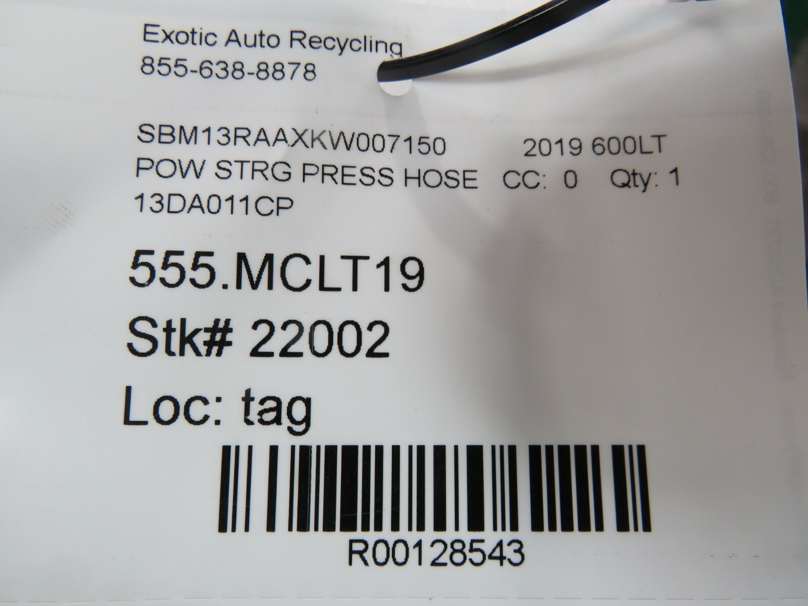 McLaren 600LT, Power Steering Pump Hose, Used, P/N 13DA011CP
