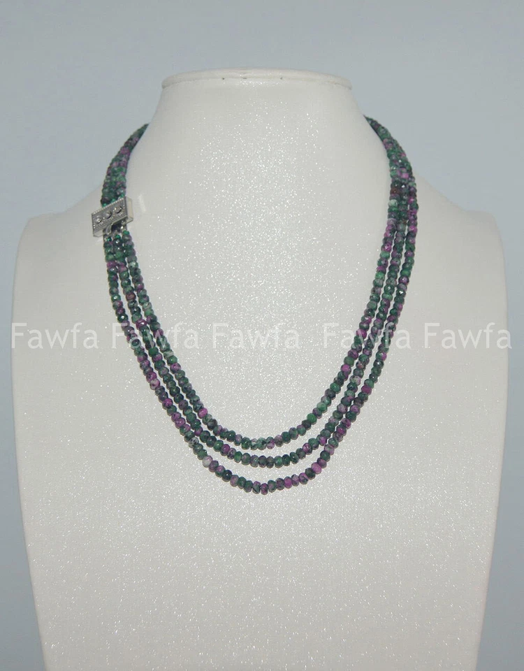 Collar de 3 filas facetadas gemas rojas naturales de 2x4 mm en cuentas de rondelle de zoisita de 17-19"" Foto 2 de 3