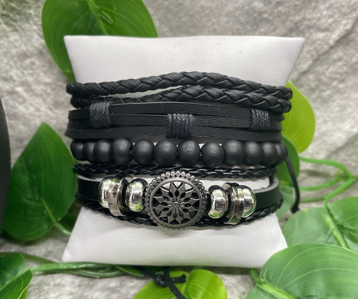 4 PC Leather Punk Bracelet Stackable Adjustable Tie New Free Ship