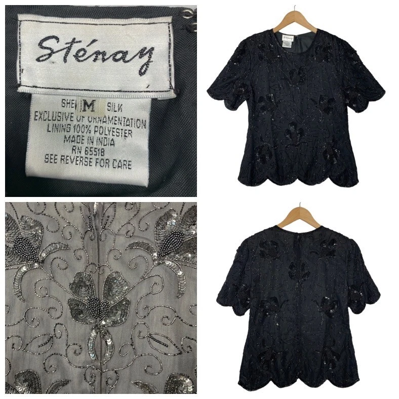 Blusa de noche de seda con cuentas pesadas Stenay de colección para mujer mediana negra IMPRESIONANTE Foto 2 de 4