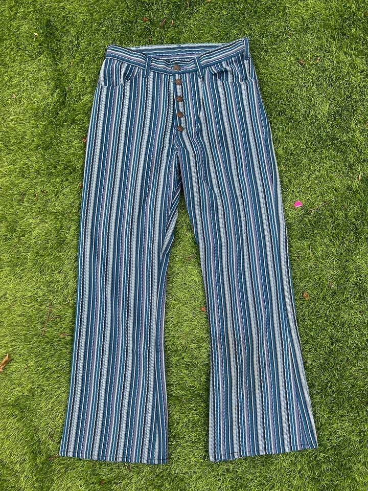 Levi's 80s Vintage Sta-Prest Blue Striped Slacks Hippie Eclectic Black Label - Image 2 of 4