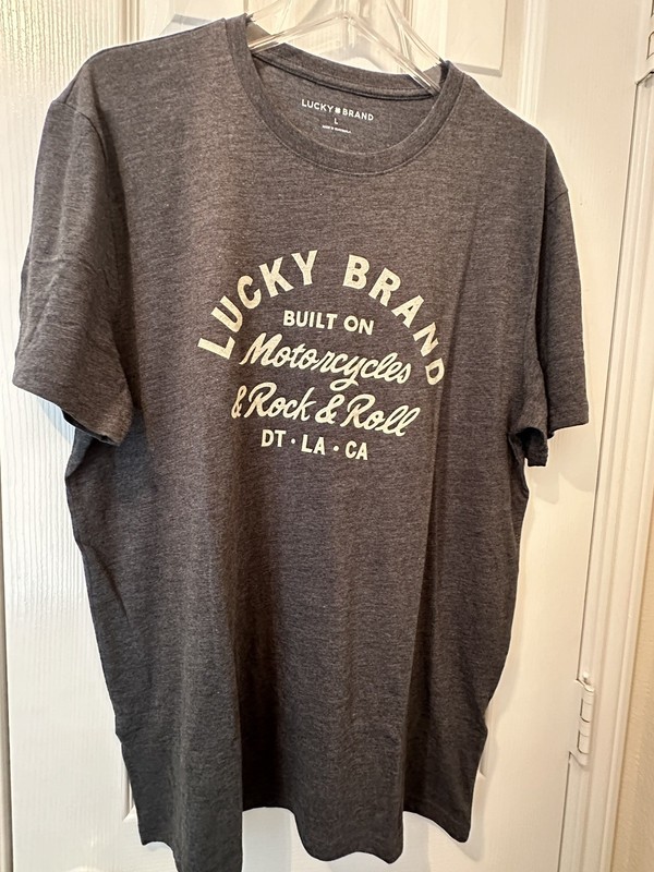 lucky brand men’s t shirt large gray logo cotton polyester rayon new with tags