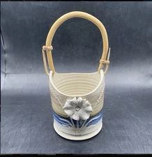 Art Studio Pottery Vase Basket With Bamboo Handles And Applied Flower Signed B.D