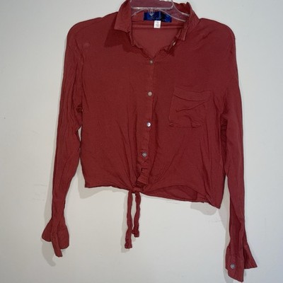 Blue Rain Deep Red Button Up Tie Bottom Long Sleeve Lightweight M Blouse