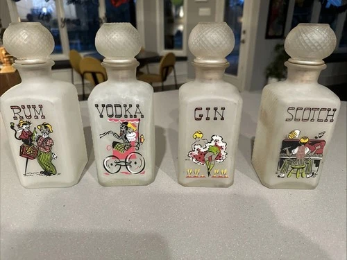 Vintage Gay Fad Milk Glass Decanter Set of 4 Scotch Gin Rum Vodka Barware