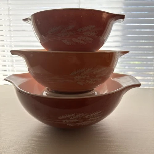 Vintage PYREX Autumn Harvest Wheat Cinderella Mixing Bowls 441, 443, 404 VG Cond