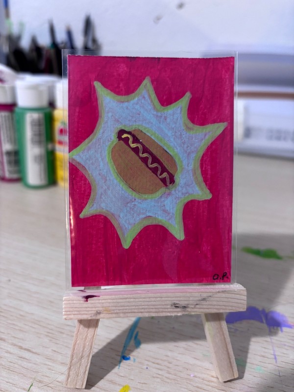 ACEO Original Art, Hot Dog,  Acrylic Painting, 2.5 x 3.5 in
