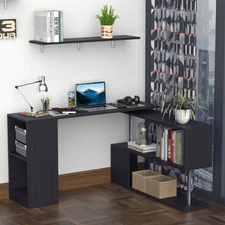Rotating Corner Table Shelf Combo L-Shaped I-Shape Computer Home Office, Black