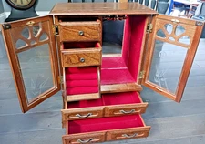 VINTAGE LONDON LEATHER LARGE WOODEN JEWELRY BOX ARMOIRE ETCHED GLASS 16x12" NICE