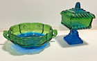 Vintage Jeannette Glass Blue Green Pedestal Candy Dish With Lid and Bowl 3 PC