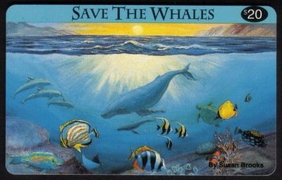 $20. Save The Whales (English Reverse on Purple) Blue Header Phone Card