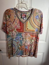 Johnny Was The Janie Favorite Mosaic Floral V-Neck Tee T-Shirt Multi L Large
