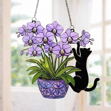 Purple Orchid Suncatcher with Black Cat, Acrylic Window Hanging, Floral Cat Deco