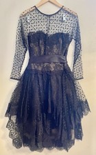 Vtg Victor Costa Black Lace Tulle Plumetis Cocktail Dress W/ Black Satin Belt