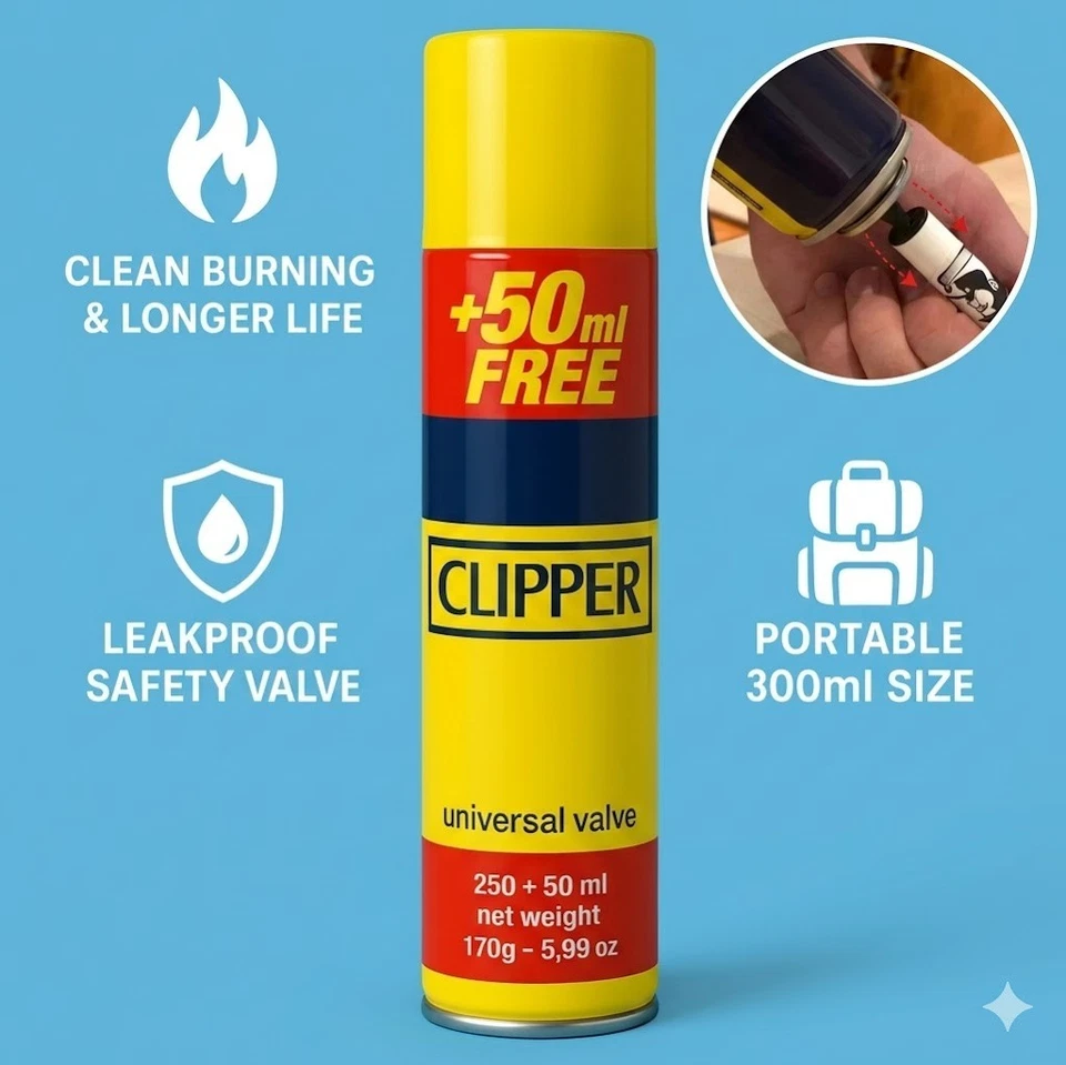 Clipper Butane Gas Lighter Refill Fuel Fluid Universal Valve 300ml - Image 1 of 1