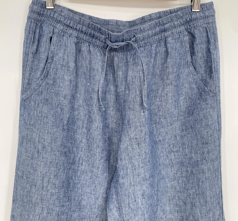L.L.Bean Pants Womens 8 Petite Blue Linen Pull On Drawstring Wide Leg Vacation - Image 2 of 4