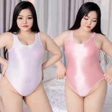 PLUS SIZE Oil Shiny Glossy Satin Jumpsuit Bikini Bodysuit High Cut Thong Leotard