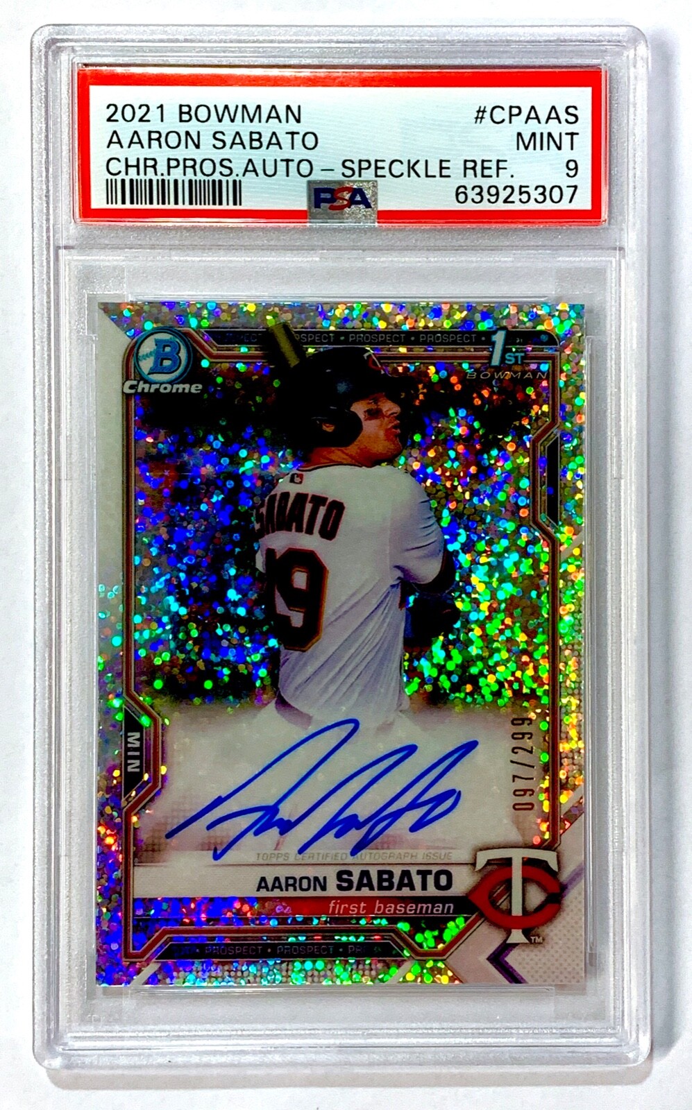 2021 Bowman AARON SABATO #CPA-AS Chrome Prospect Auto SPECKLE 97/299 Twins PSA 9