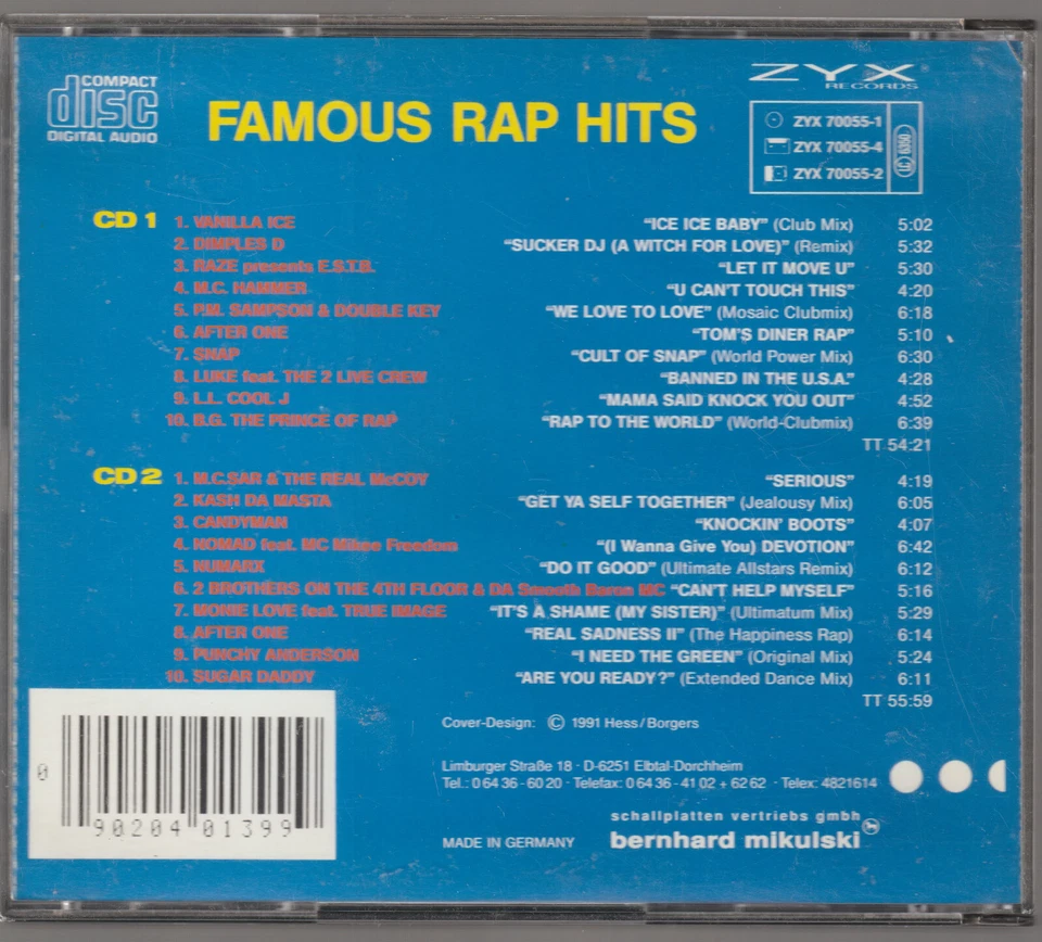 Famous Rap Hits - Various Vanilla Ice, MC Hammer, Snap, LL Cool J [2 CD, 1991] - Bild 2 von 2