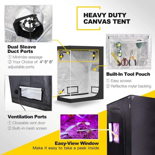 Grow Tent and 2-Pair 1/8 Inch 8-Feet Long Adjustable Rope Clip Hanger Combo Set - Picture 5 of 21