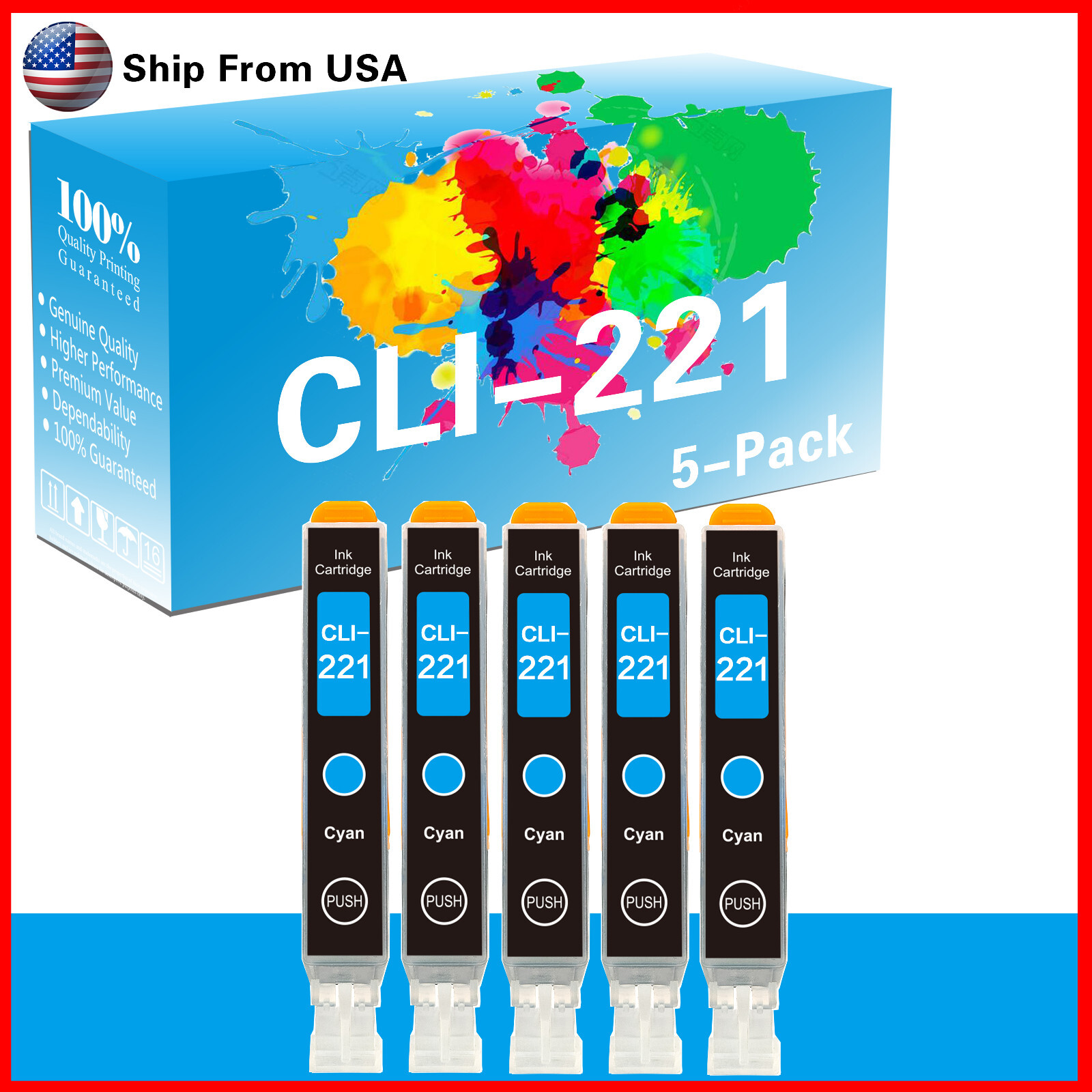 5PK CLI221 (Cyan) CLI-221 Ink Cartridge for Pixma MP540 MP630 iP4700 Printer