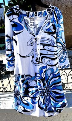  NEW Boston Proper Terry Cloth Grommet Floral Dress Cover M White Blue Navy